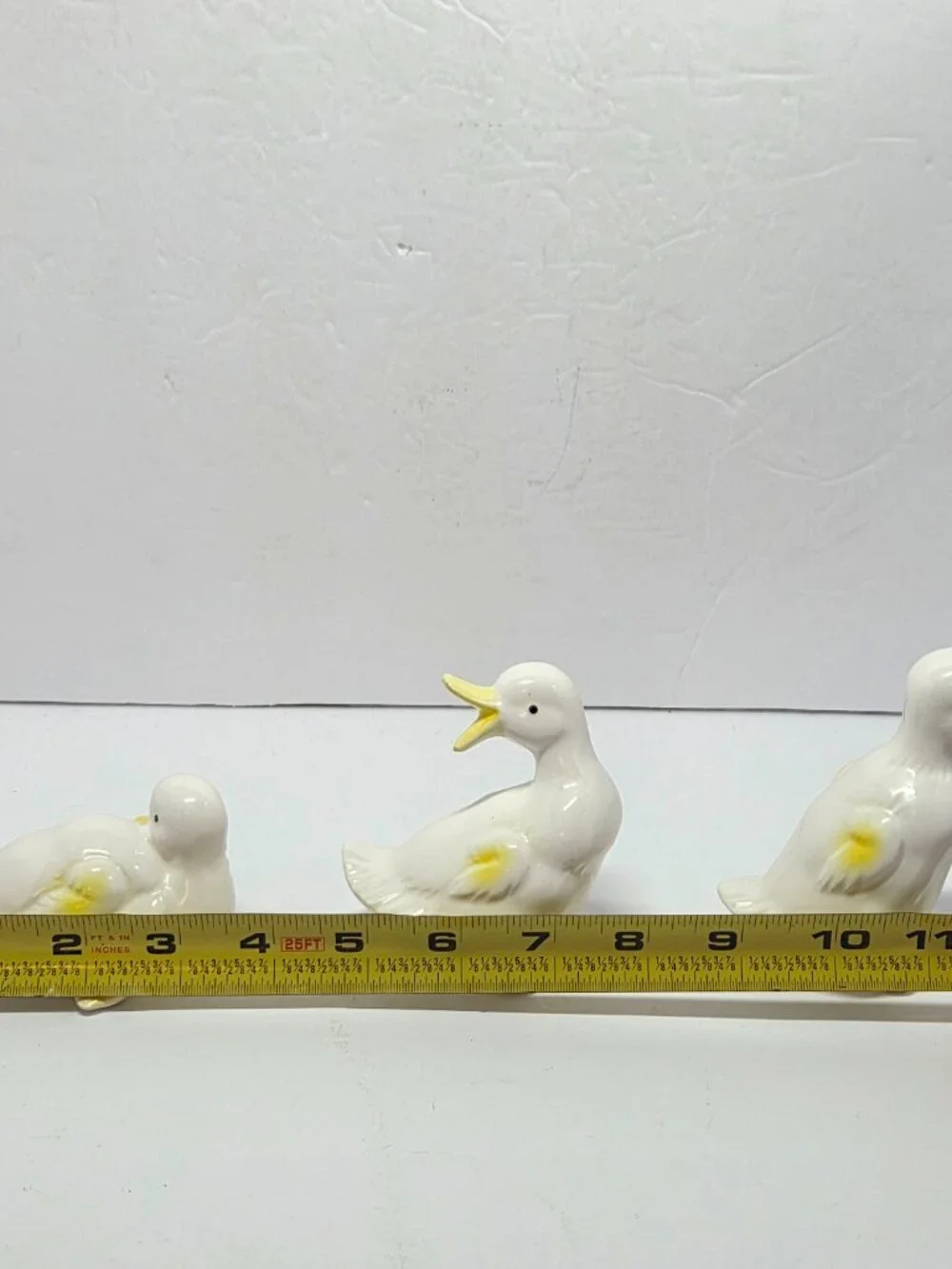 Set of 3 Ceramic Duck Figurines 4in Long 3in Tall White/Yellow Glossy